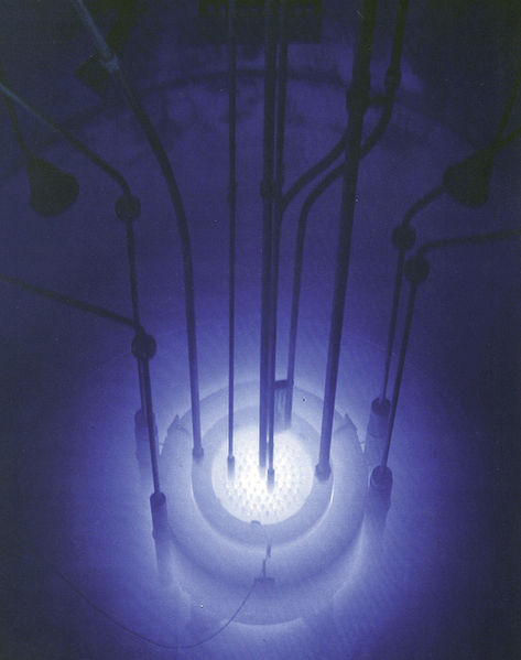 NRC picture of Cerenkov radiation surrounding the underwater core of the Reed Research Reactor, Reed College, Oregon, USA.