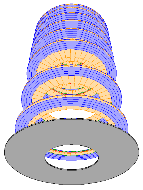 Shown in blue are the cables running from forward SCT electronics to the perimeter. Also visible is the end cap insulation wall.